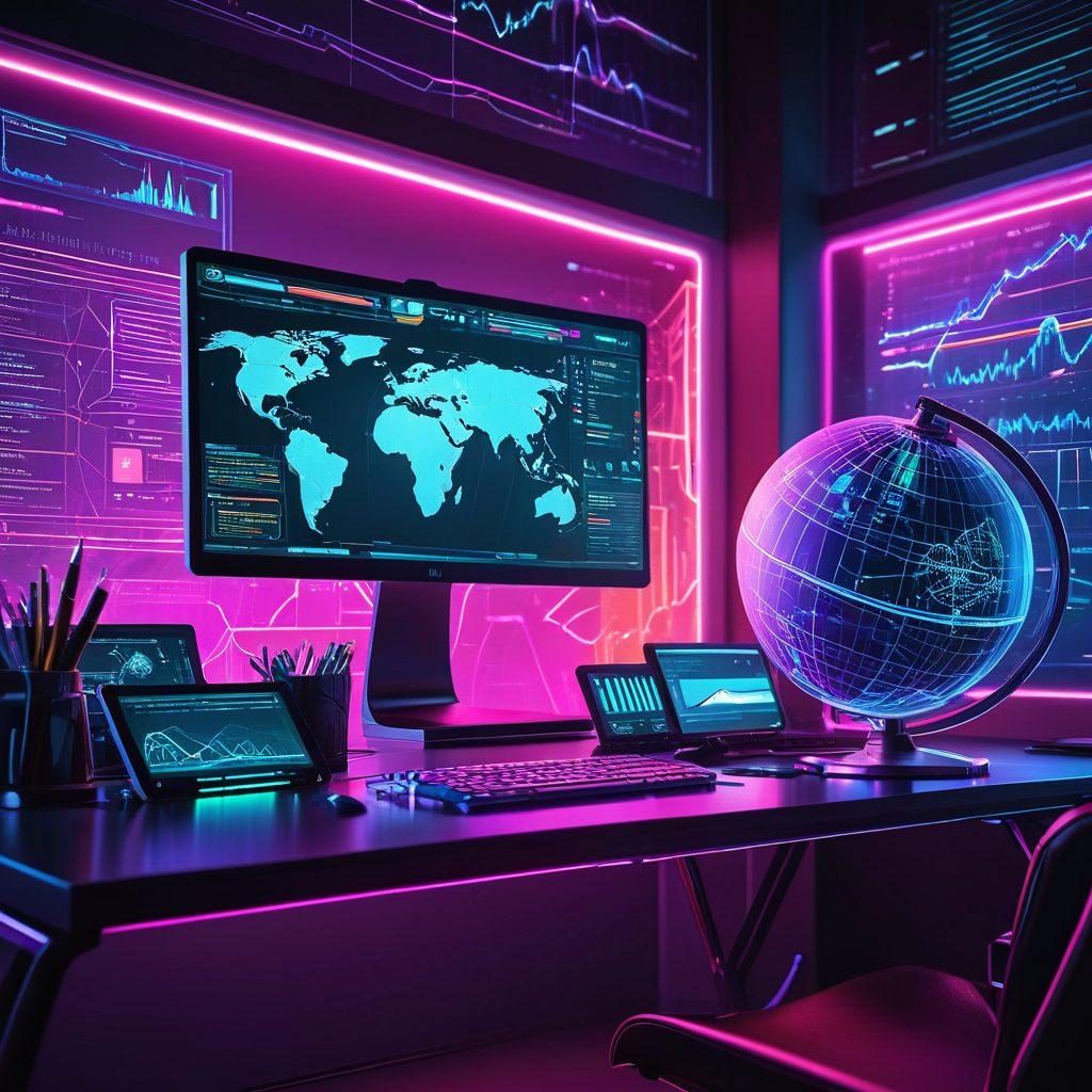 A futuristic web development workspace featuring a sleek computer with vibrant UI/UX design elements on screen, coding scripts flowing off the screen, SEO charts and graphs, and a globe symbolizing global reach, all bathed in a neon glow. cyberpunk. vibrant colors. super-realistic.