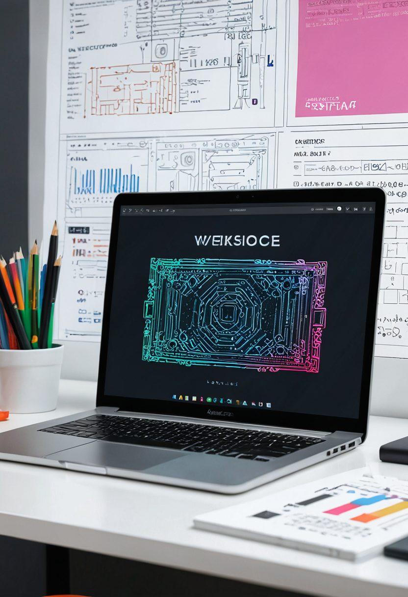An elegant and modern workspace with a sleek laptop displaying a stunning website design. Beside it, a detailed code editor showcasing complex coding. Surrounding the laptop, design tools like a color palette, wireframes, and development books. The background transitions from a vibrant design sketch to intricate code architecture. super-realistic. vibrant colors.