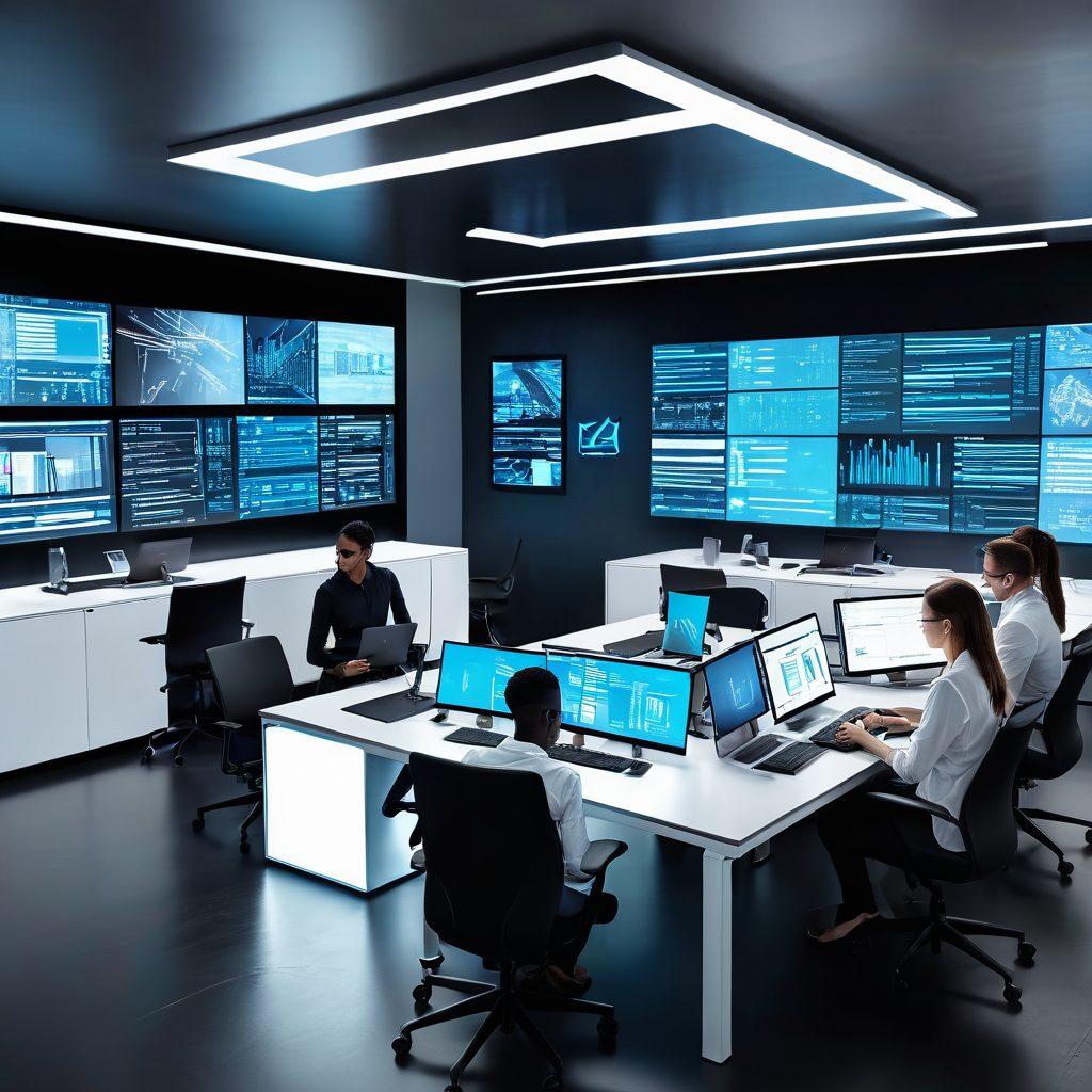 A bustling modern digital workspace featuring collaborative teams, diverse individuals brainstorming around a table with multiple screens displaying vibrant digital designs, coding scripts, and project plans. The background showcases a sleek, futuristic office with seamless tech integration. super-realistic. vibrant colors.